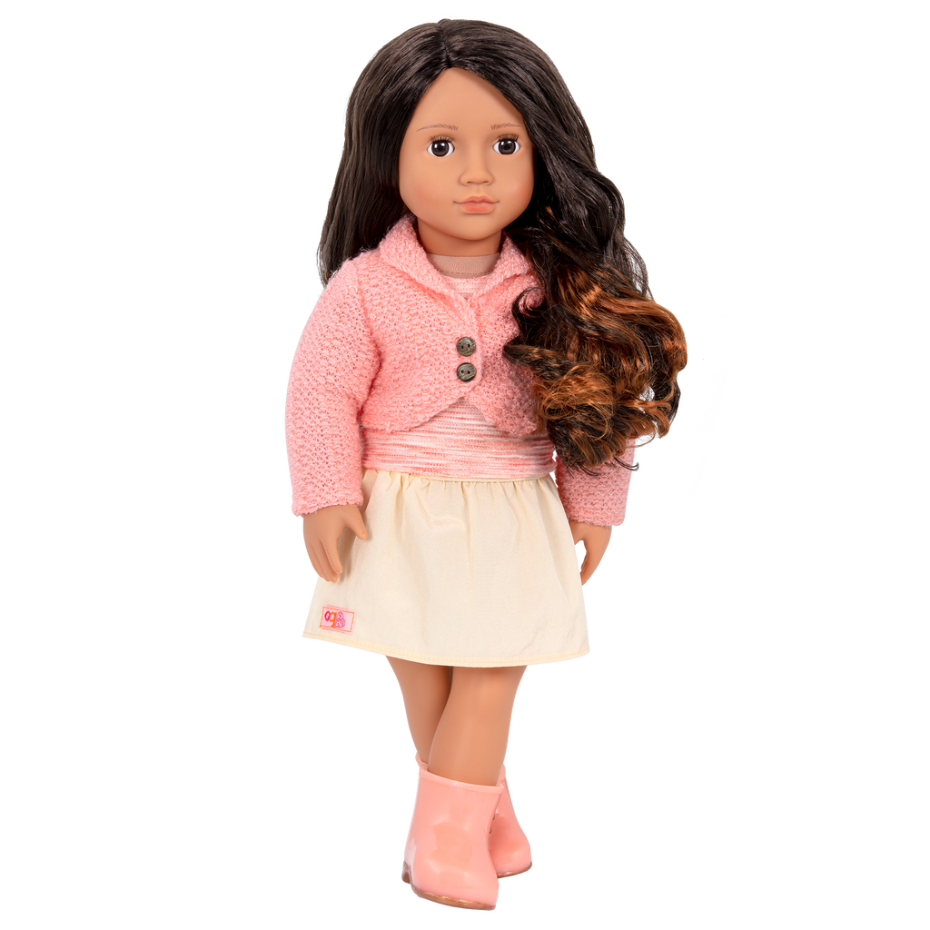 18-inch doll with dark-brown hair, auburn highlights and brown eyes