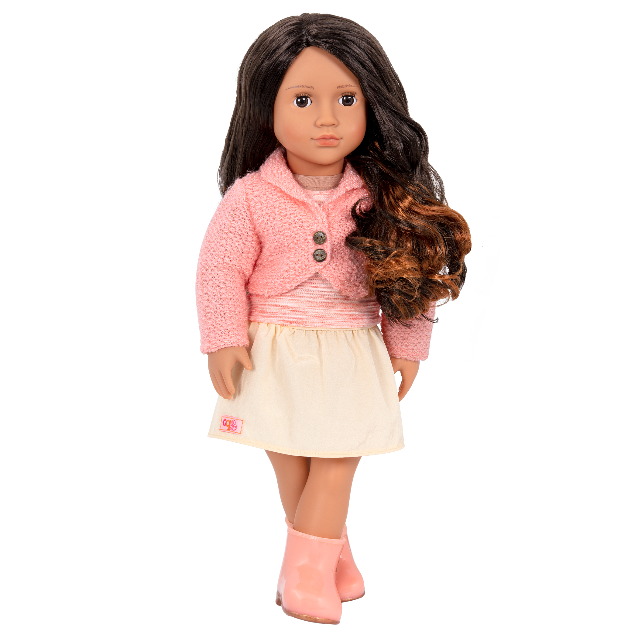 18-inch doll with dark-brown hair, auburn highlights and brown eyes