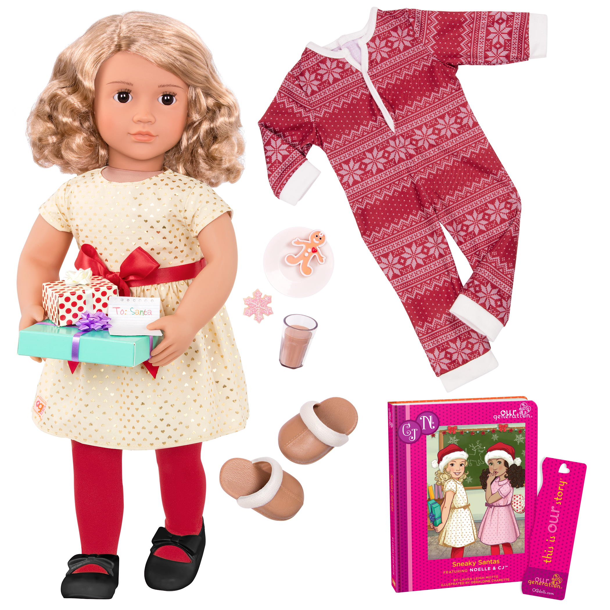 18-inch holiday doll with blonde hair, brown eyes, Christmas accessories and storybook