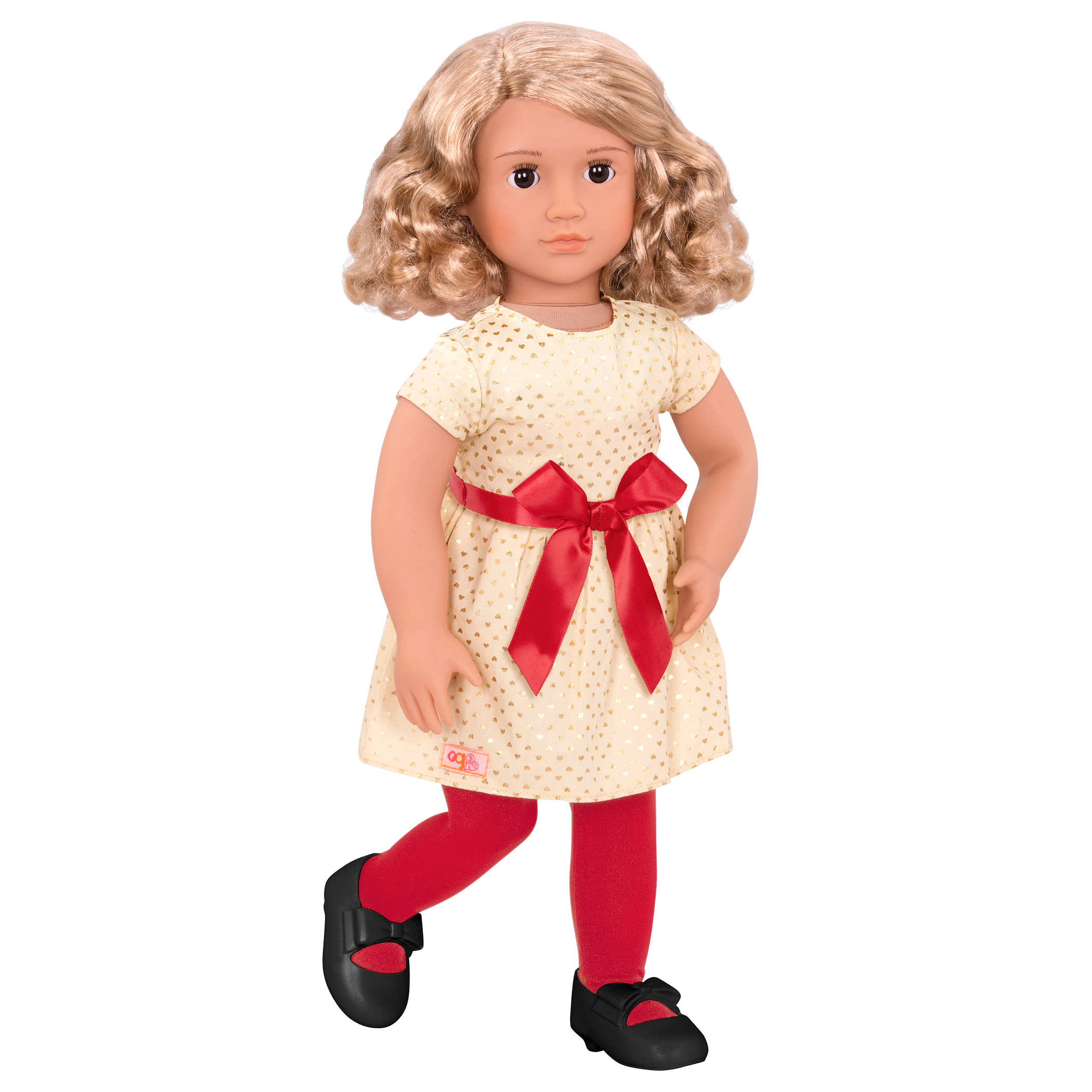 18-inch holiday doll with blonde hair, brown eyes, Christmas accessories and storybook