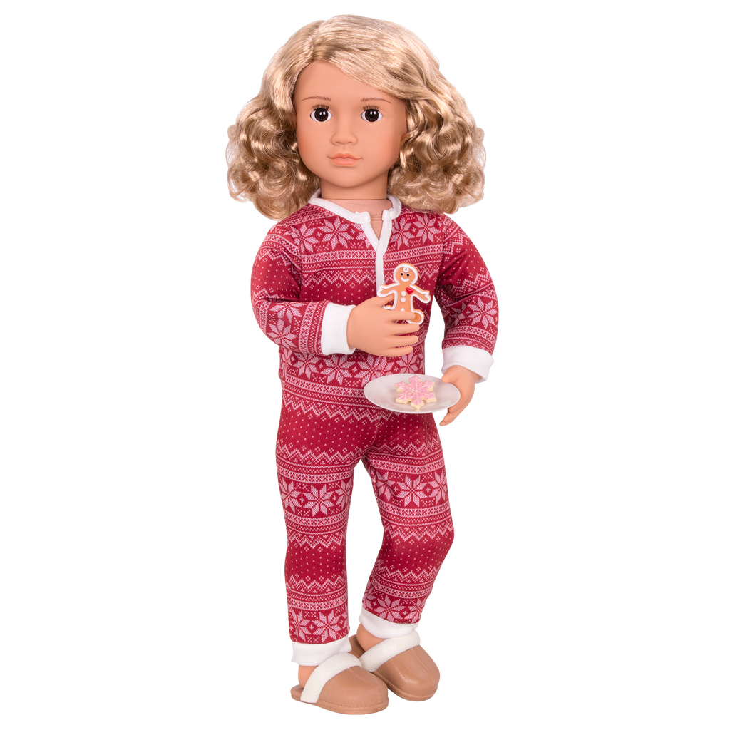 18-inch holiday doll with blonde hair, brown eyes, Christmas accessories and storybook
