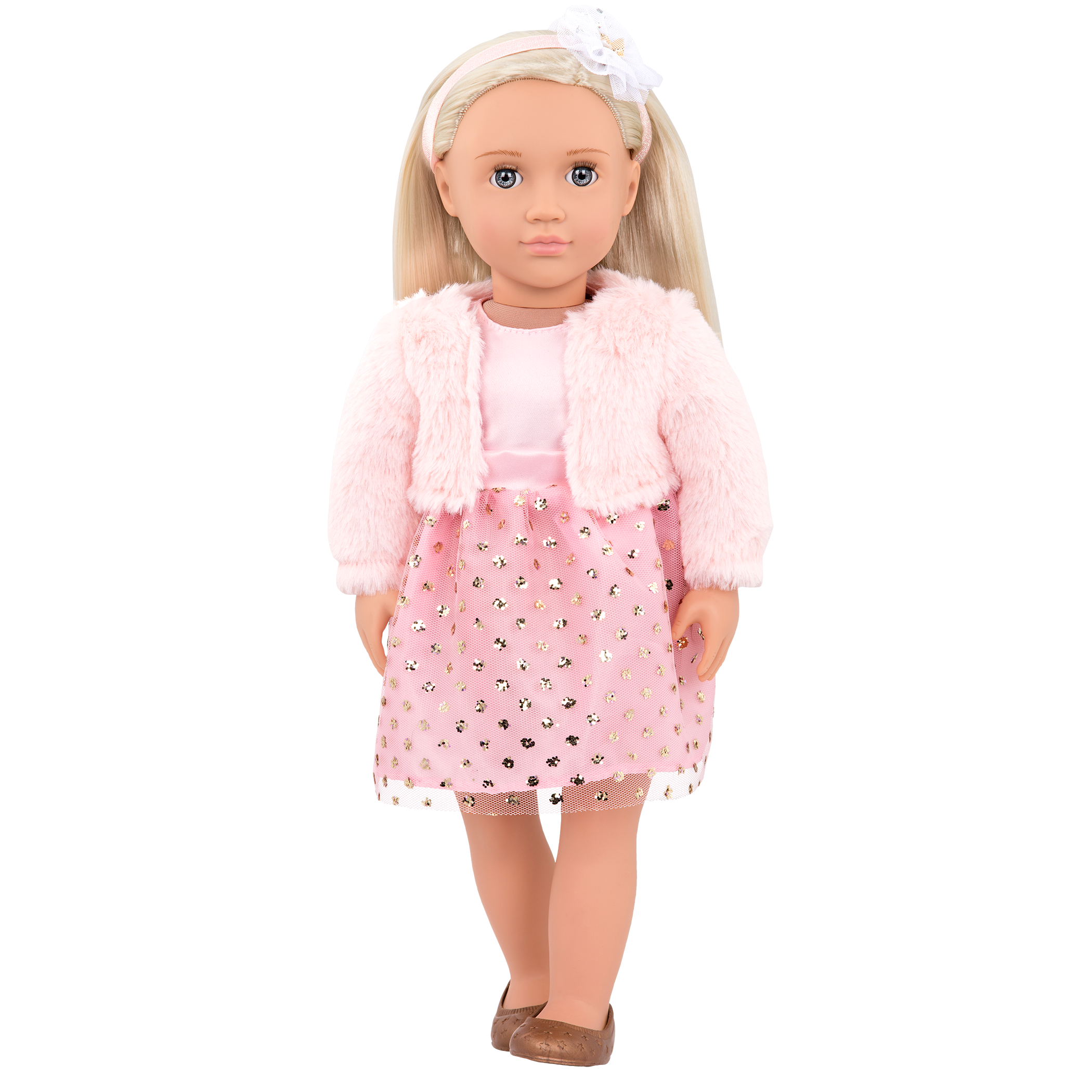 18-inch doll with blonde hair and gray-blue eyes