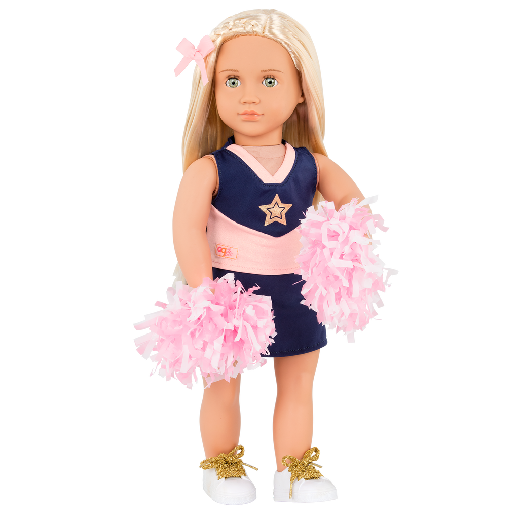 18-inch cheerleader doll with blonde hair and green eyes