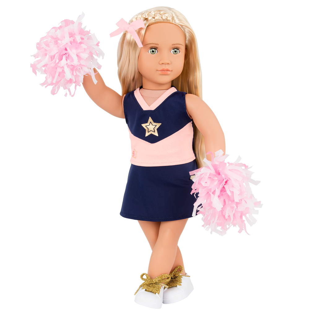 18-inch cheerleader doll with blonde hair and green eyes