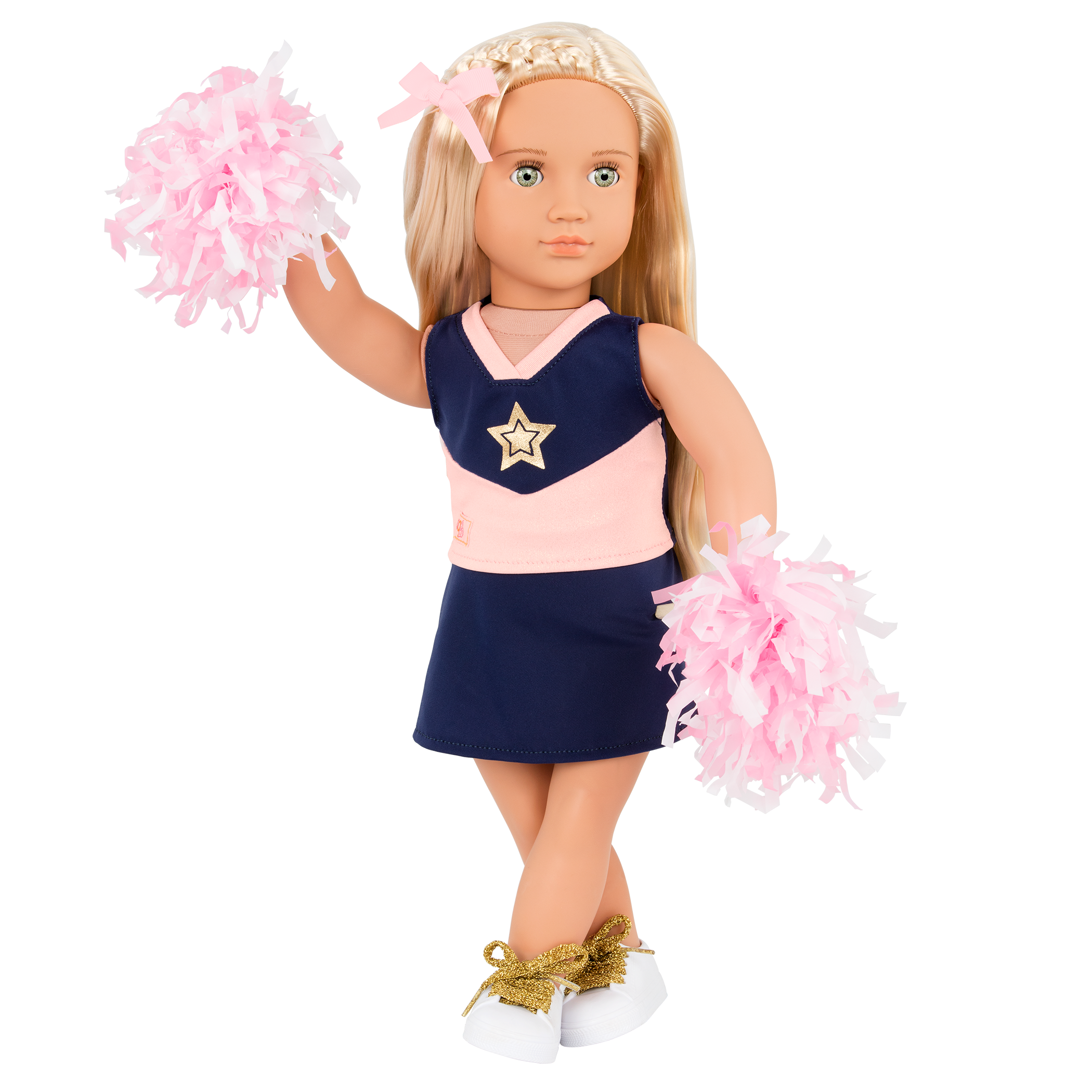 18-inch cheerleader doll with blonde hair and green eyes