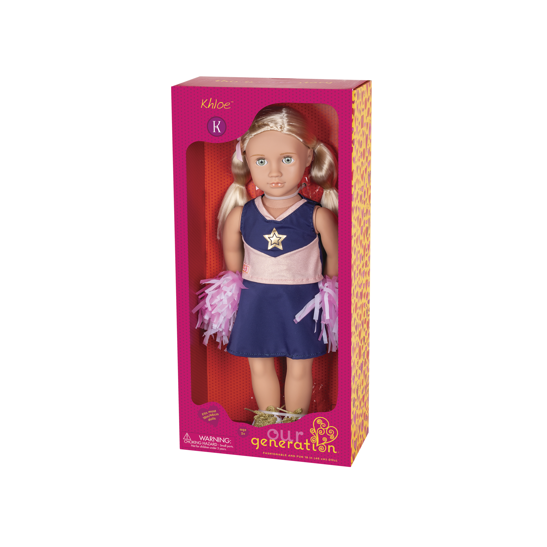 18-inch cheerleader doll with blonde hair and green eyes