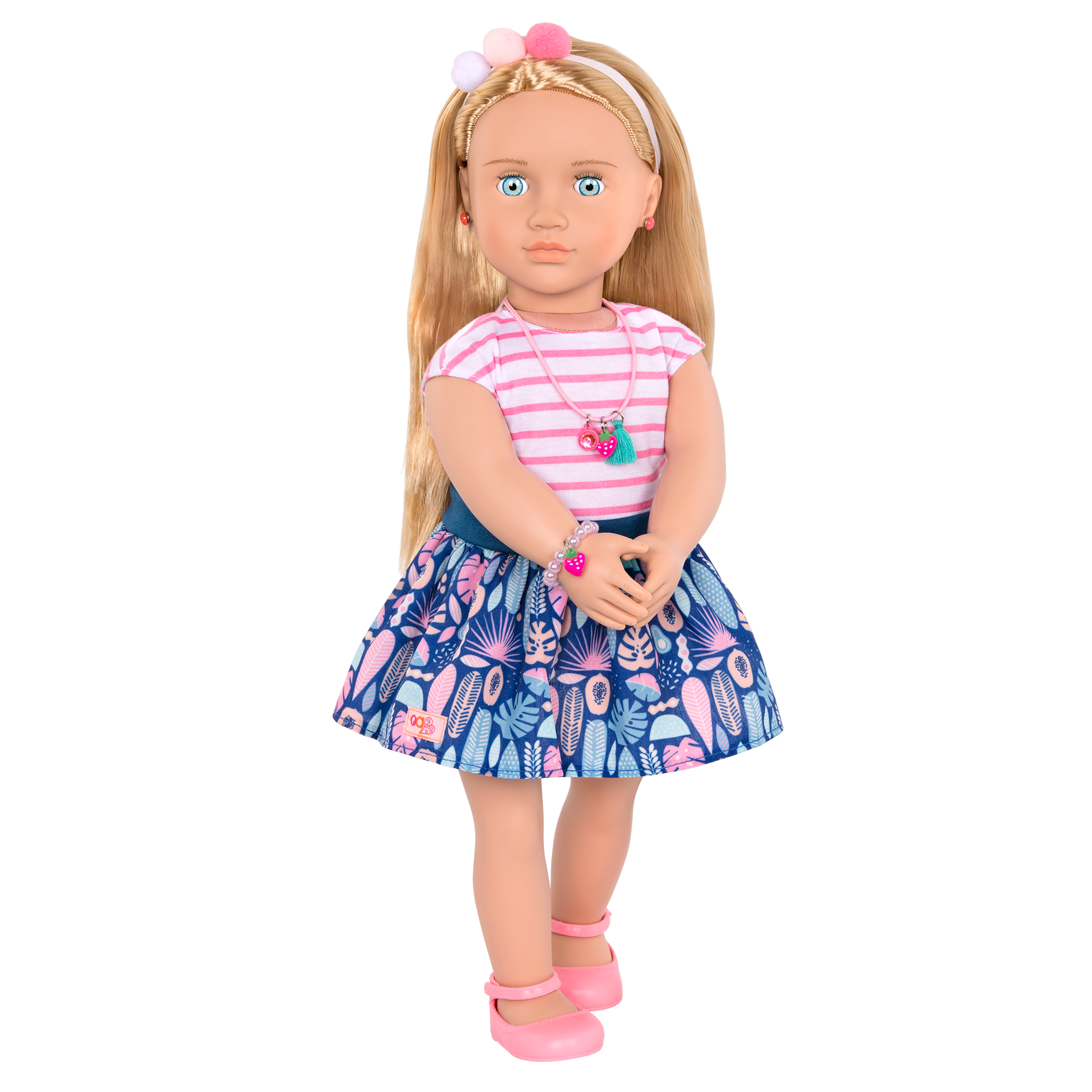 18-inch doll with blonde hair, pale blue eyes, jewelry and box