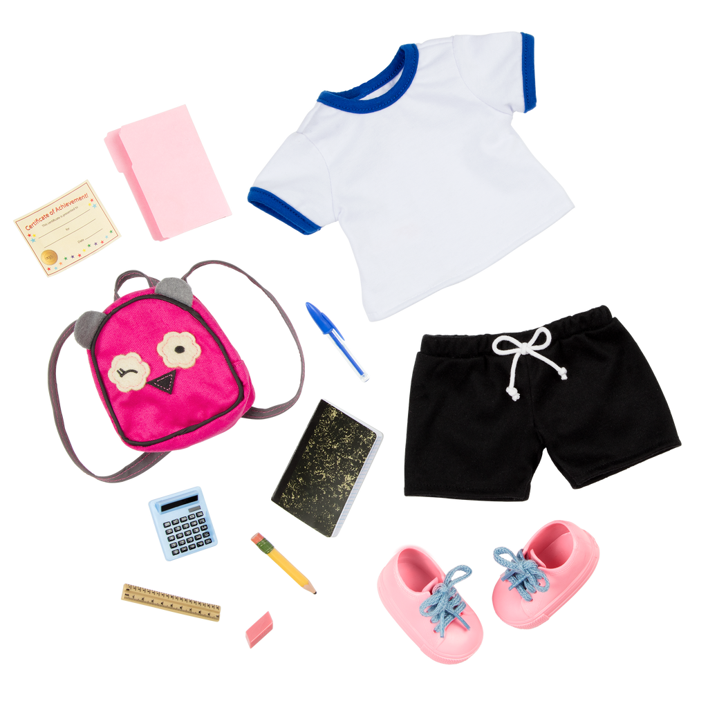 18-inch doll with blonde hair, blue eyes, school accessories and storybook