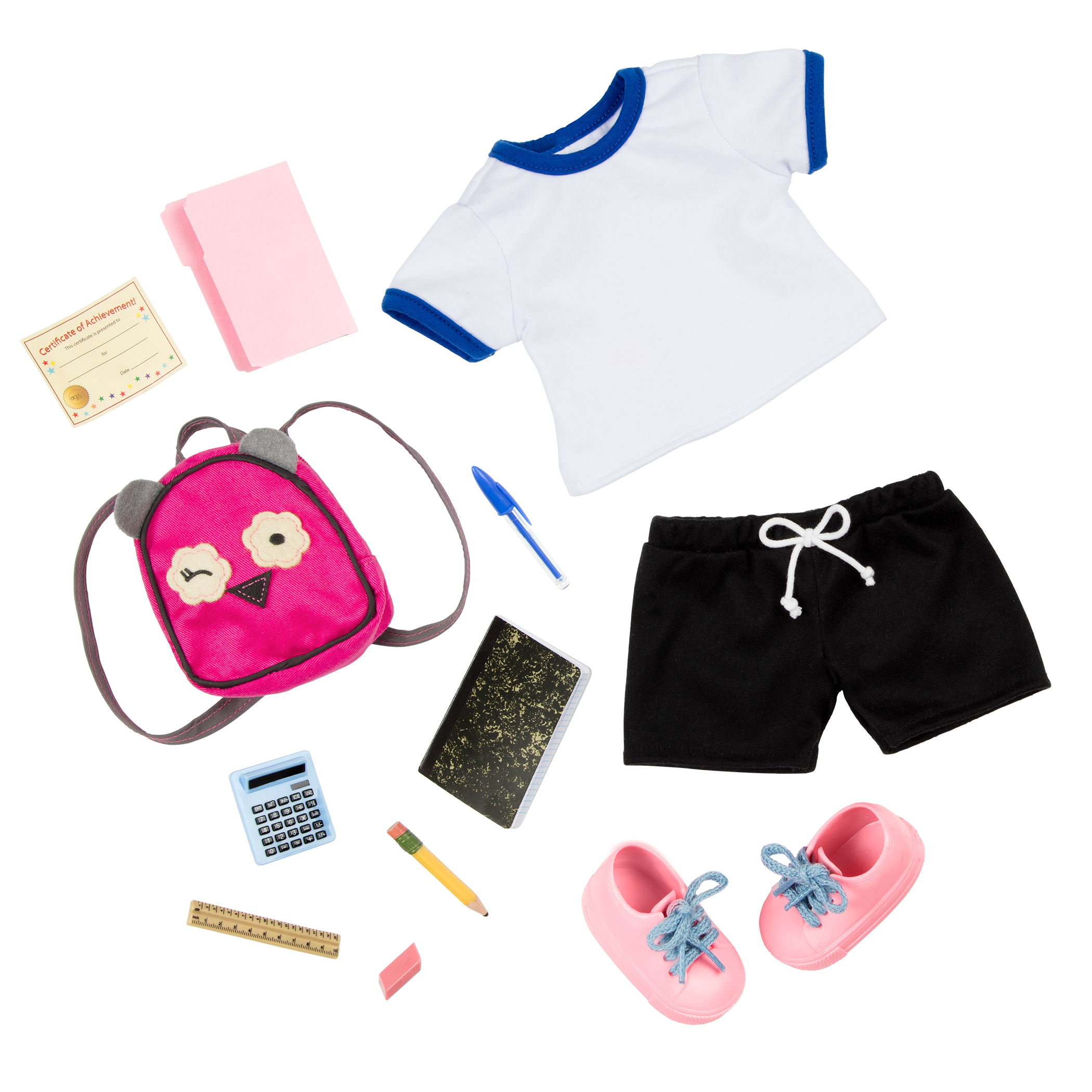 18-inch doll with blonde hair, blue eyes, school accessories and storybook