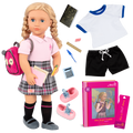 18-inch doll with blonde hair, blue eyes, school accessories and storybook