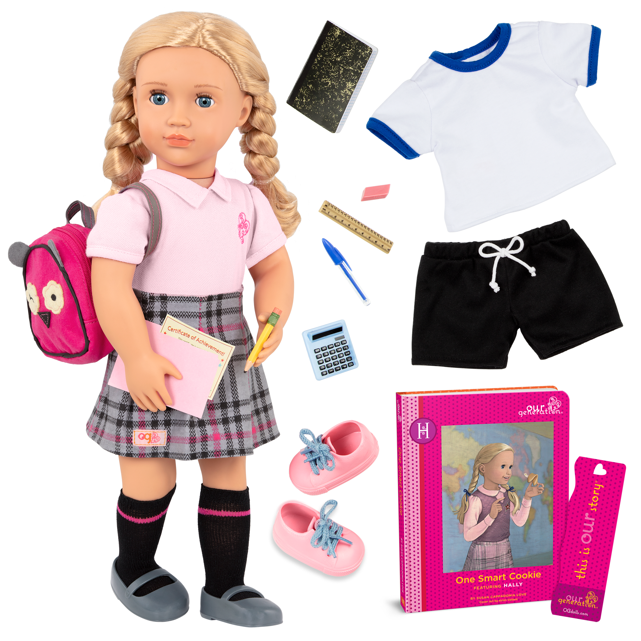 18-inch doll with blonde hair, blue eyes, school accessories and storybook