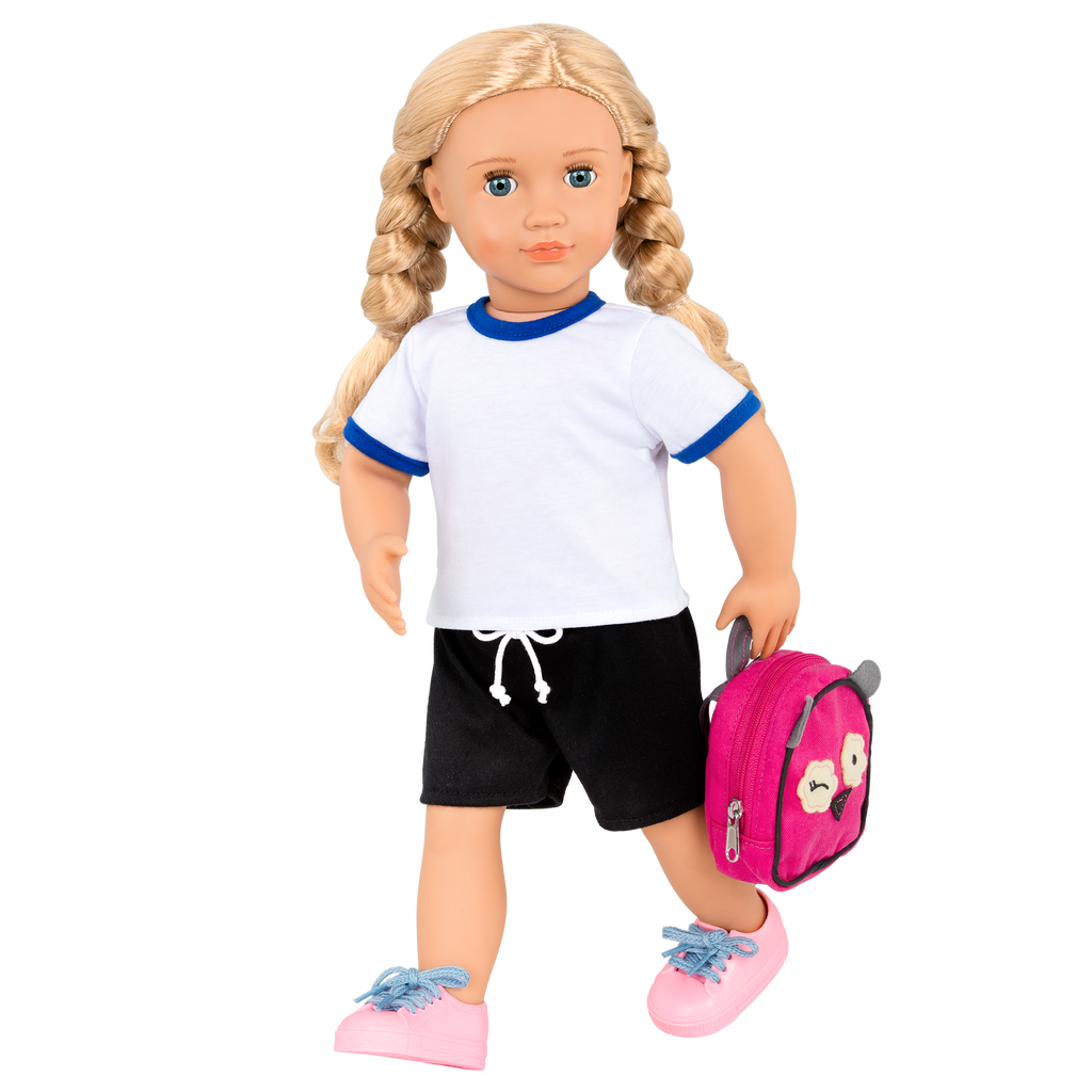18-inch doll with blonde hair, blue eyes, school accessories and storybook