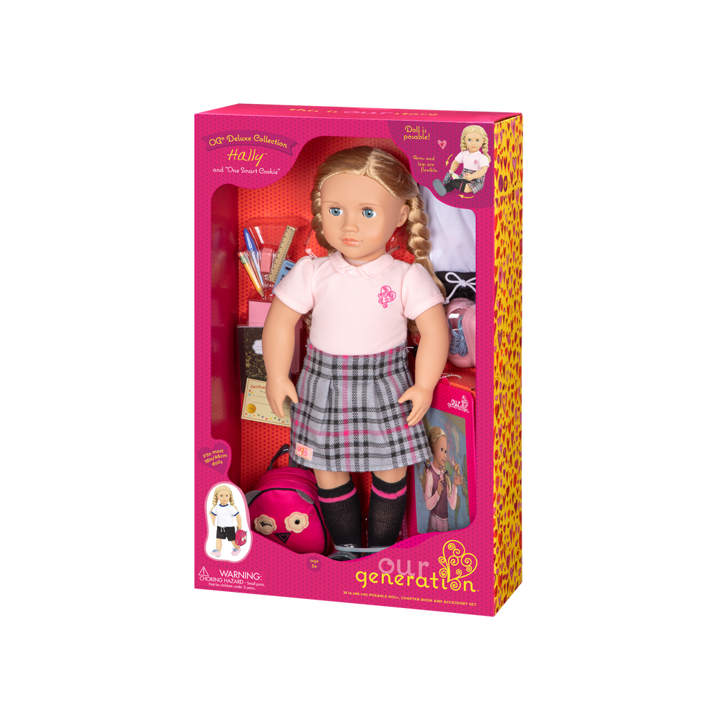 18-inch doll with blonde hair, blue eyes, school accessories and storybook