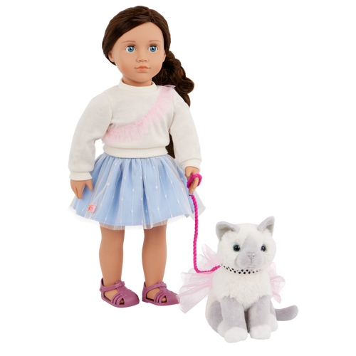 Our Generation 18" Doll Mindy, her Pet Cat Pepper and cat accessories