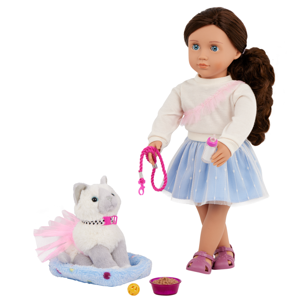 Our Generation 18" Doll Mindy, her Pet Cat Pepper and cat accessories