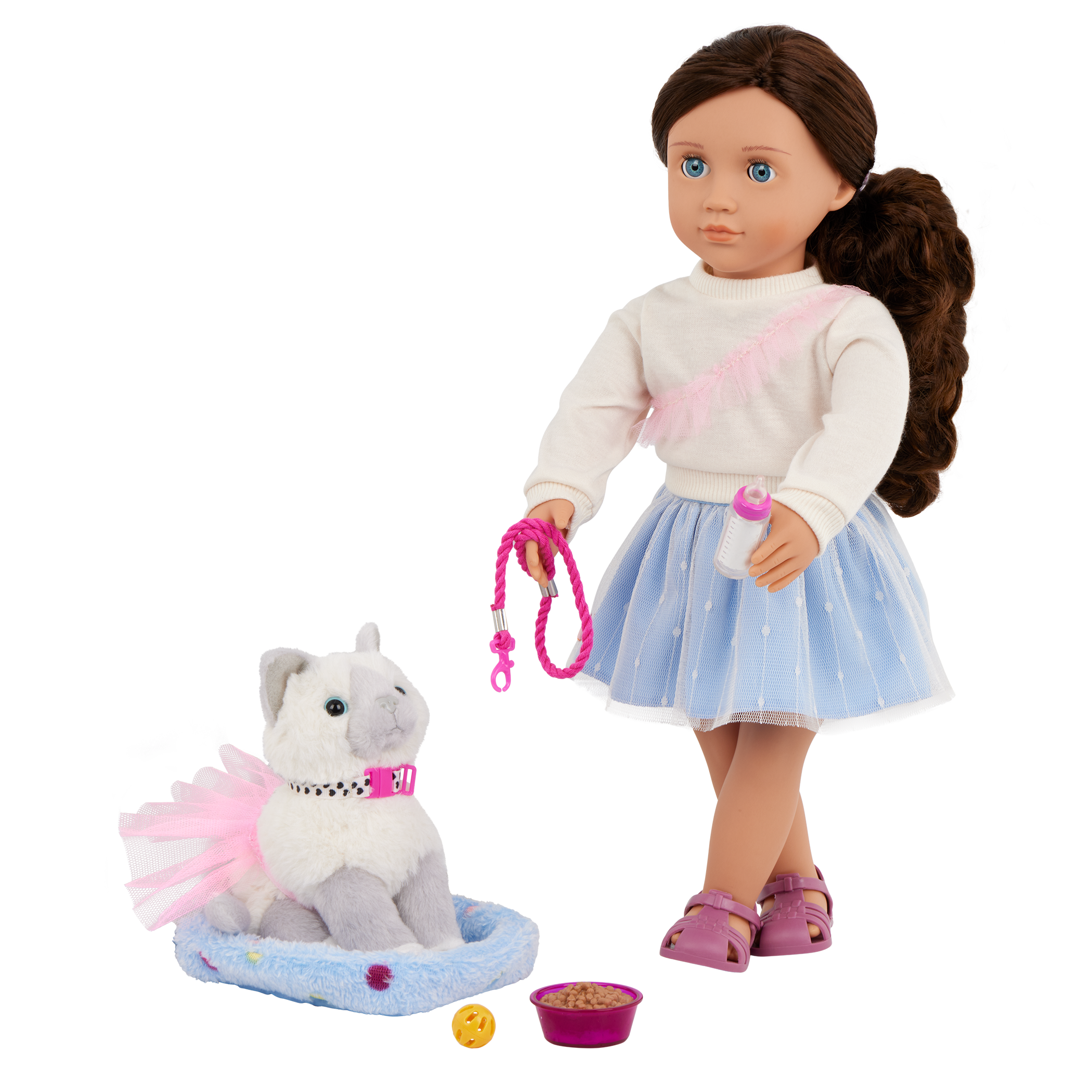 Our Generation 18" Doll Mindy, her Pet Cat Pepper and cat accessories