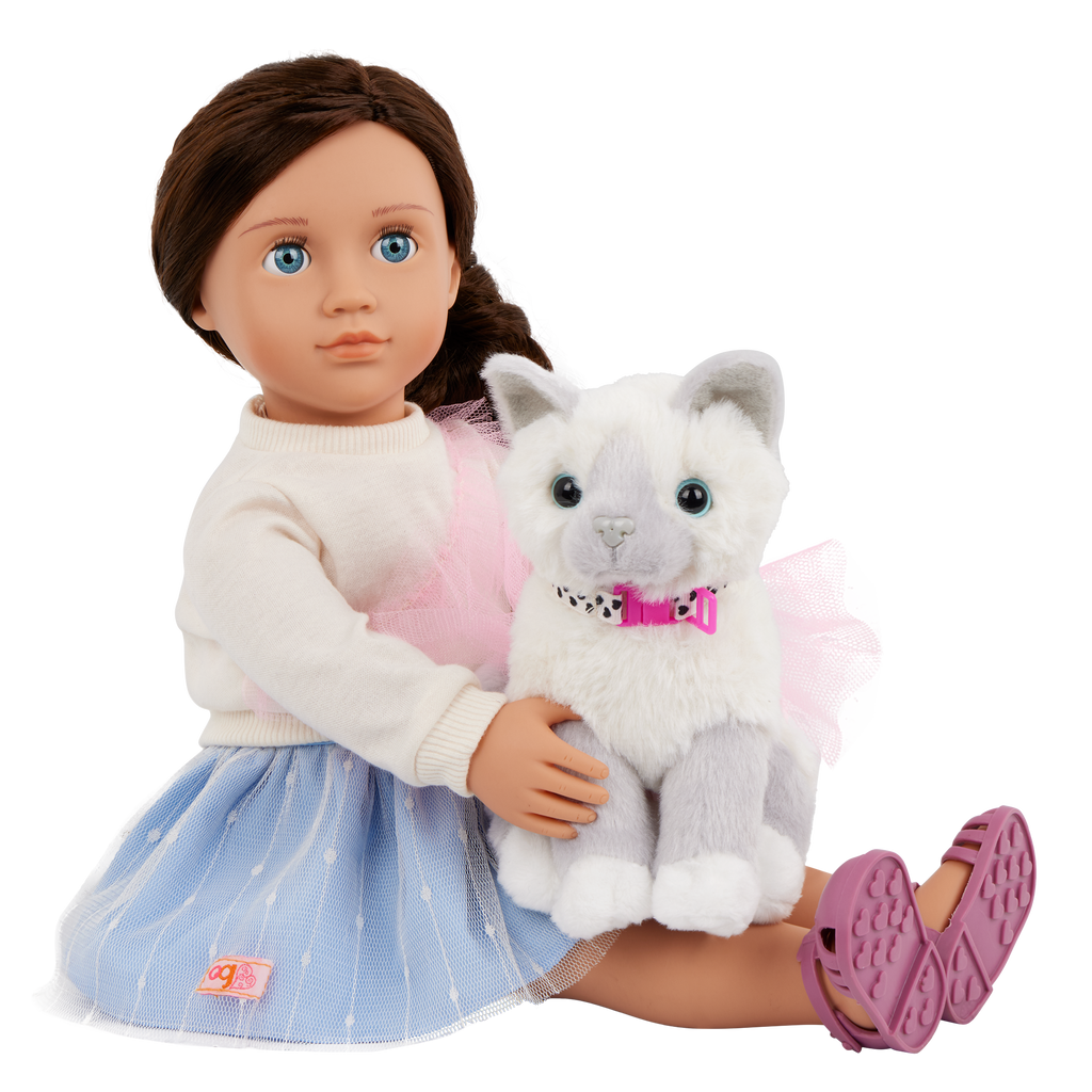 Our Generation 18" Doll Mindy, her Pet Cat Pepper and cat accessories