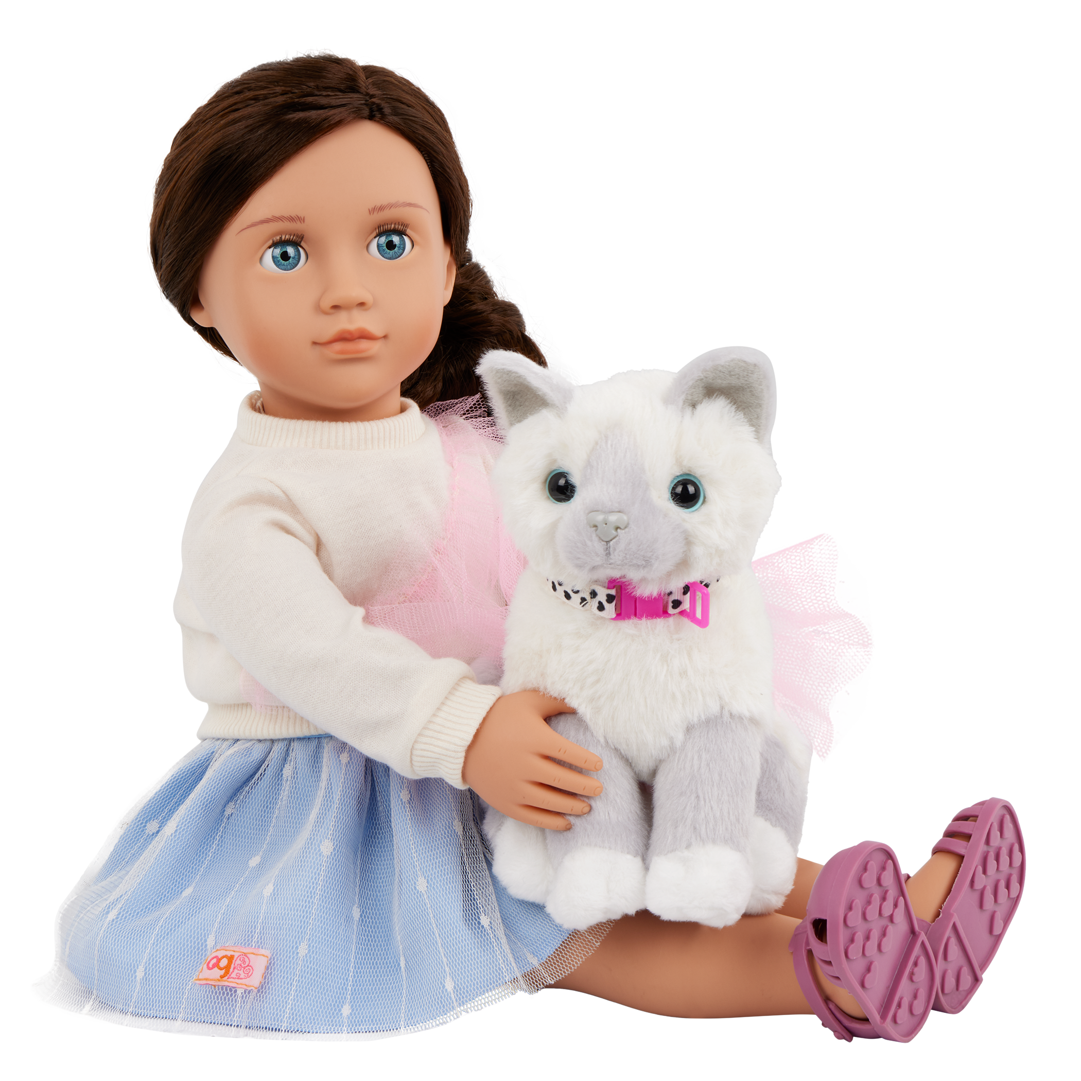 Our Generation 18" Doll Mindy, her Pet Cat Pepper and cat accessories
