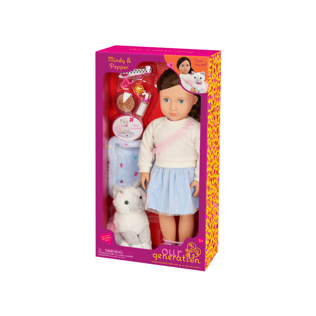 Our Generation 18" Doll Mindy, her Pet Cat Pepper and cat accessories
