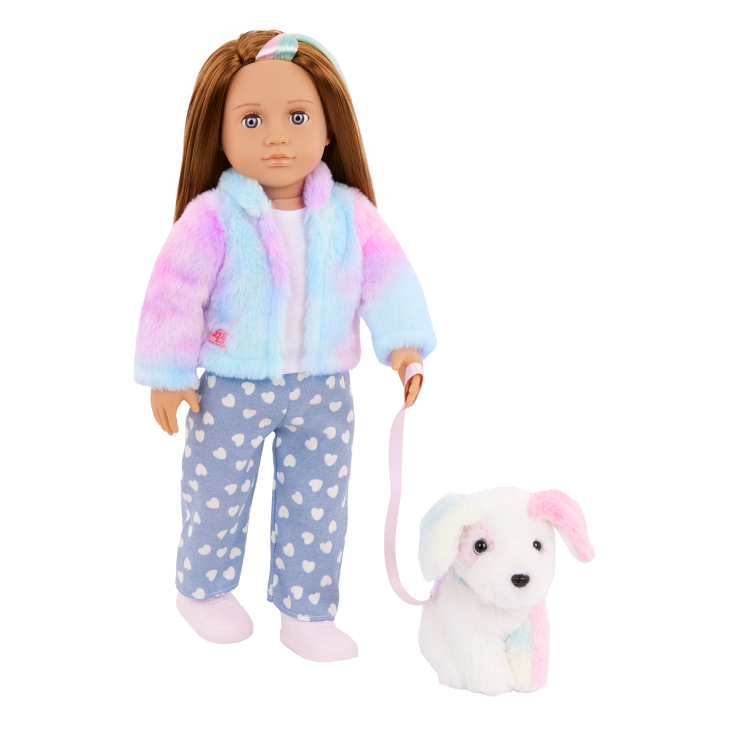 Our Generation 18" Doll Skylar and her Dog Bow with dog toys and treats