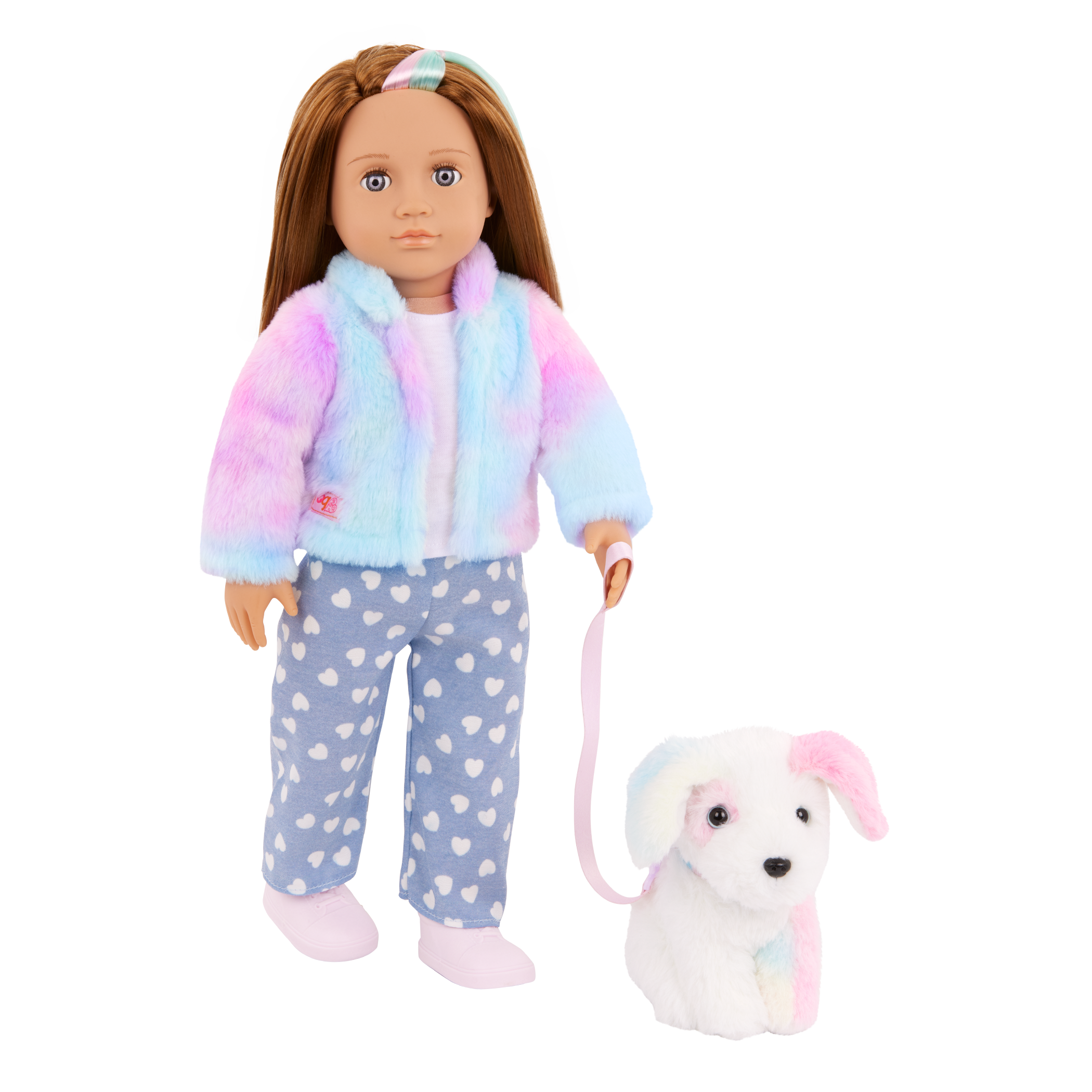 Our Generation 18" Doll Skylar and her Dog Bow with dog toys and treats