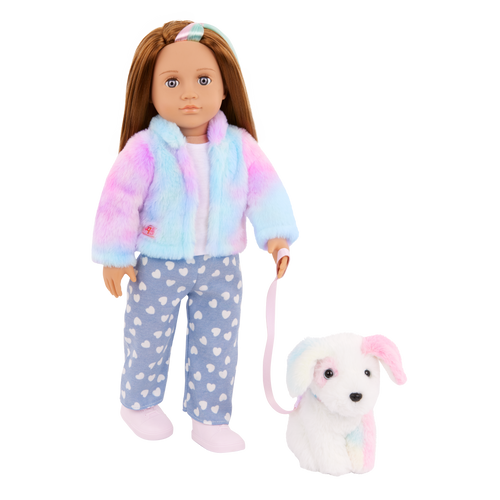 Our Generation 18" Doll Skylar and her Dog Bow with dog toys and treats