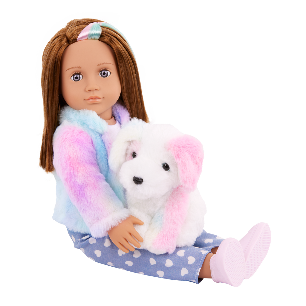 Our Generation 18" Doll Skylar and her Dog Bow with dog toys and treats