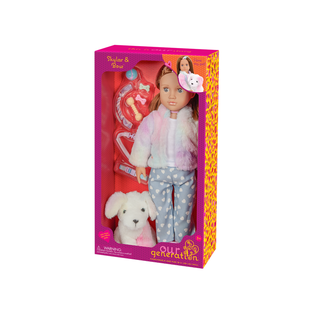 Our Generation 18" Doll Skylar and her Dog Bow with dog toys and treats