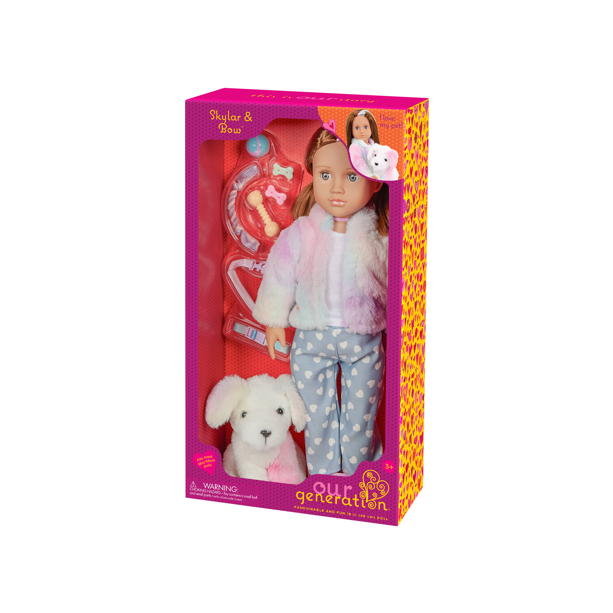 Our Generation 18" Doll Skylar and her Dog Bow with dog toys and treats