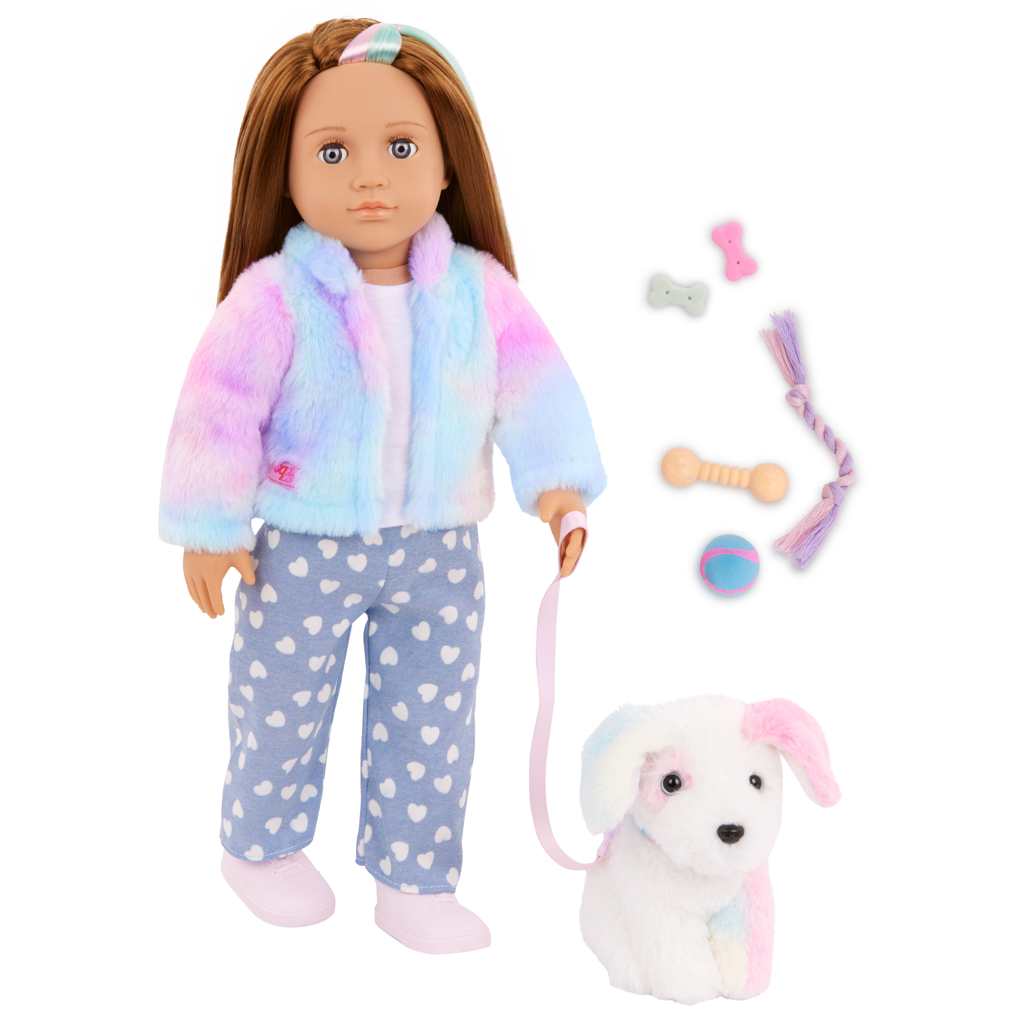Our Generation 18" Doll Skylar and her Dog Bow with dog toys and treats