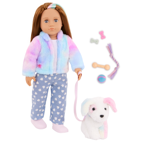 Our Generation 18" Doll Skylar and her Dog Bow with dog toys and treats