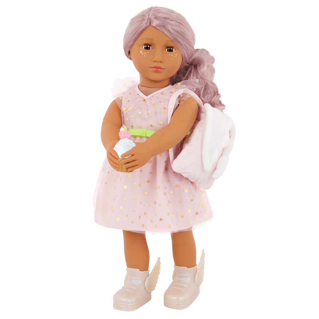 Our Generation 18-inch Doll Wishes with accessories including pretend balloons, stickers, a wish list, sparkles and a back pack