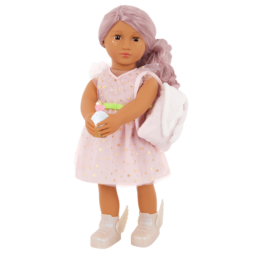 Our Generation 18-inch Doll Wishes with accessories including pretend balloons, stickers, a wish list, sparkles and a back pack