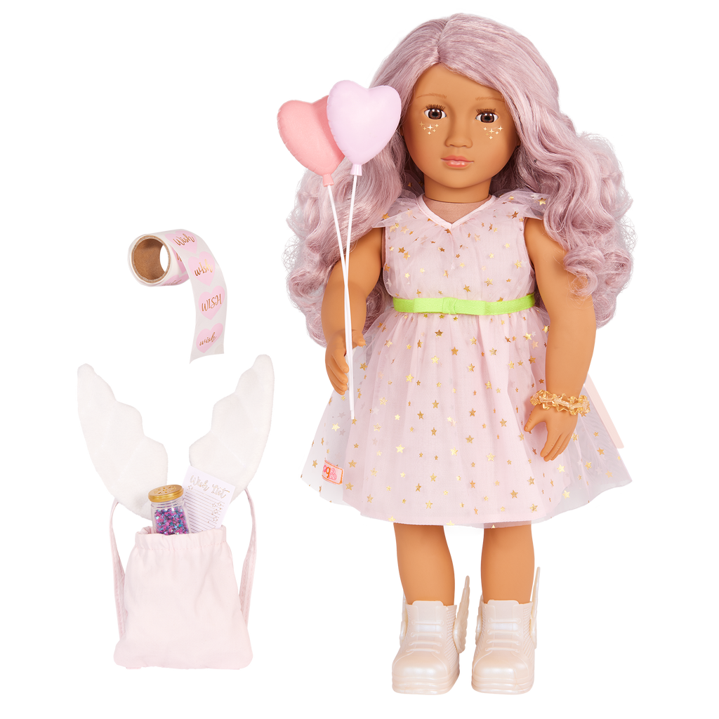 Our Generation 18-inch Doll Wishes with accessories including pretend balloons, stickers, a wish list, sparkles and a back pack