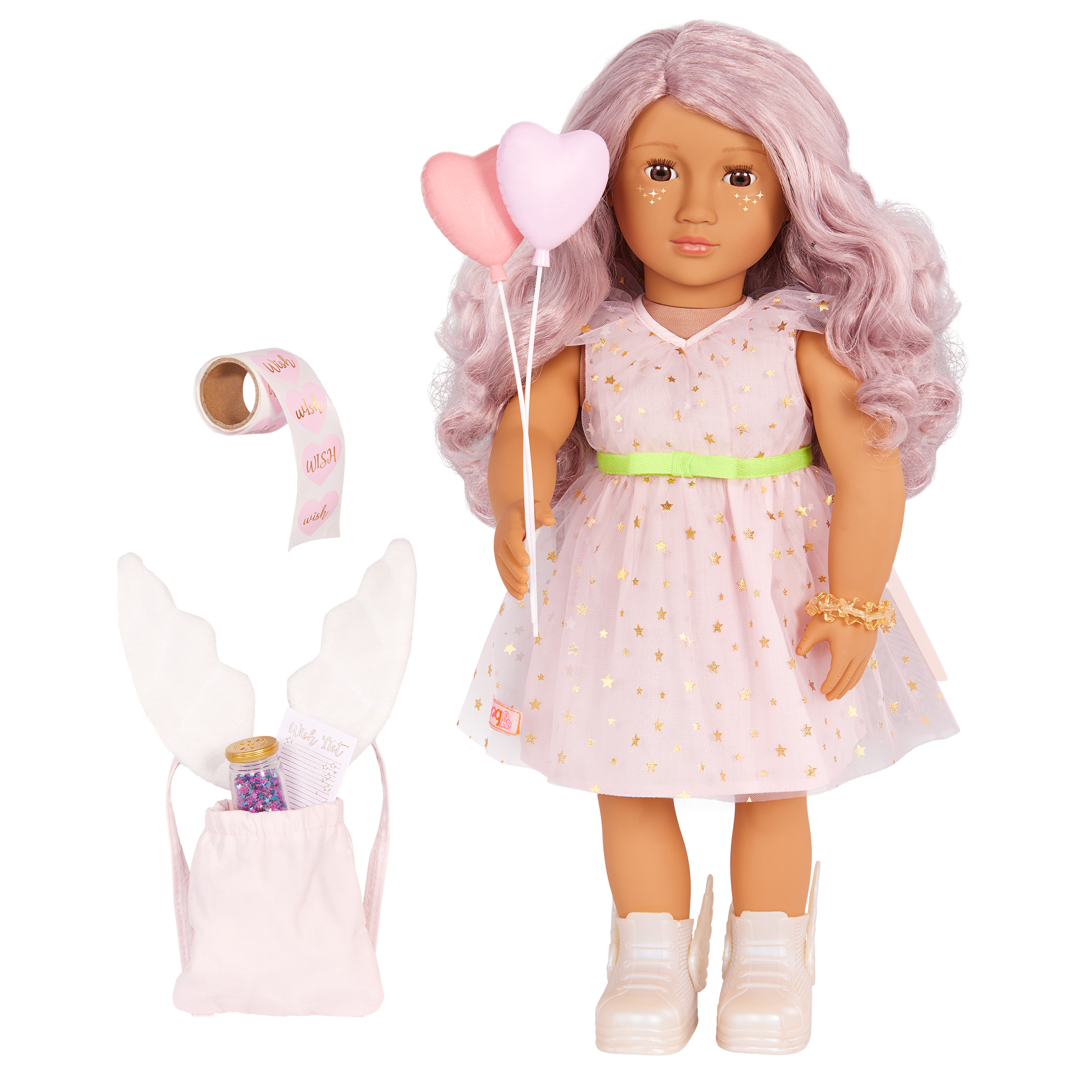 Our Generation 18-inch Doll Wishes with accessories including pretend balloons, stickers, a wish list, sparkles and a back pack