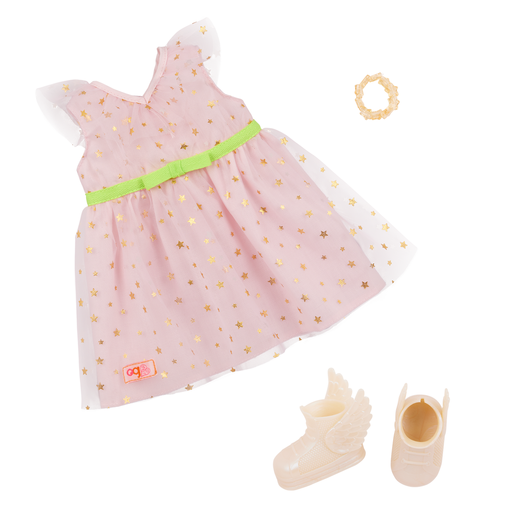 Our Generation 18-inch Doll Wishes with accessories including pretend balloons, stickers, a wish list, sparkles and a back pack
