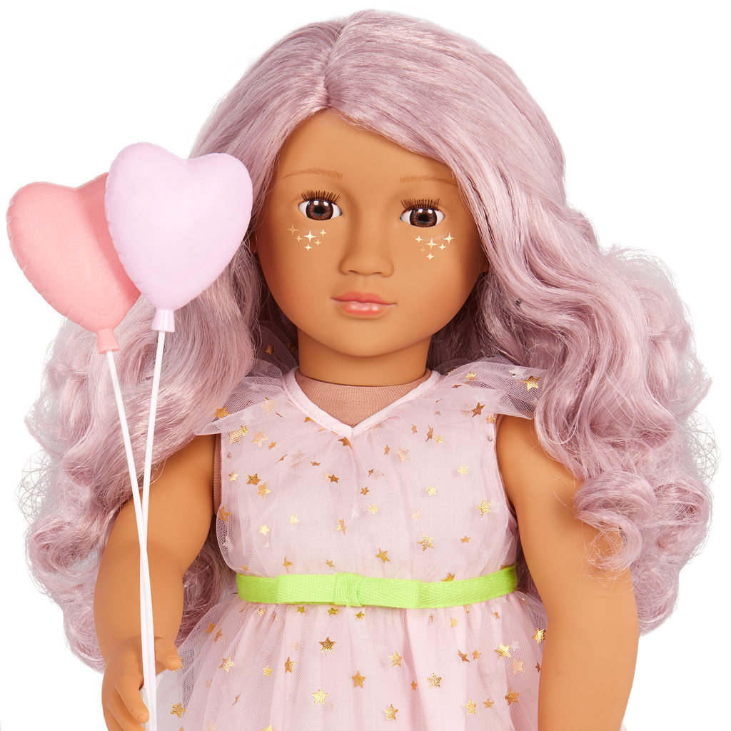 Our Generation 18-inch Doll Wishes with accessories including pretend balloons, stickers, a wish list, sparkles and a back pack