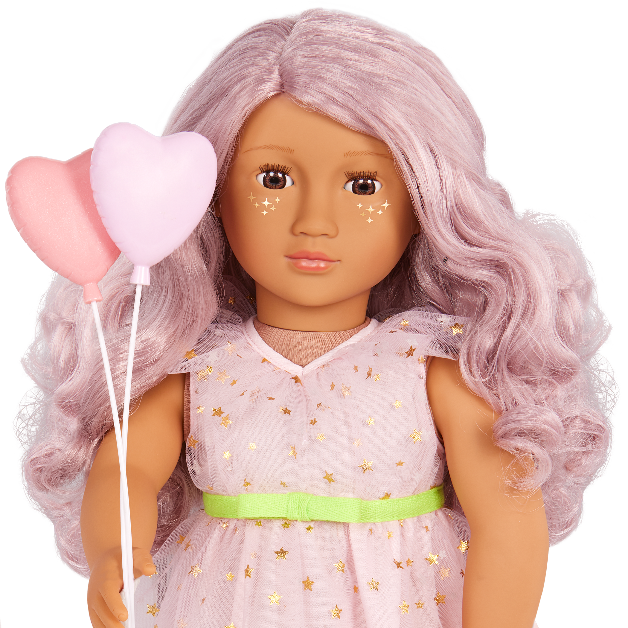 Our Generation 18-inch Doll Wishes with accessories including pretend balloons, stickers, a wish list, sparkles and a back pack