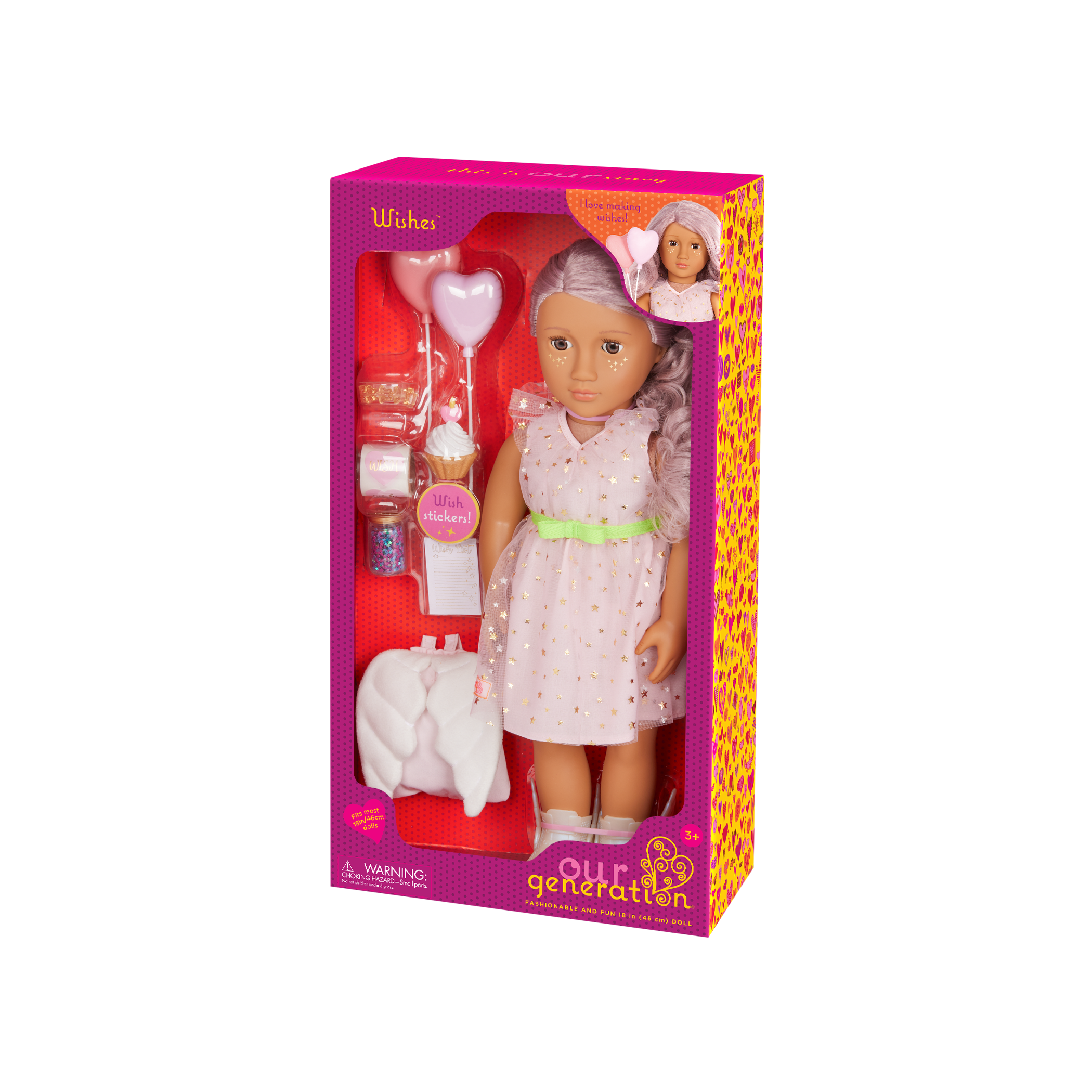 Our Generation 18-inch Doll Wishes with accessories including pretend balloons, stickers, a wish list, sparkles and a back pack