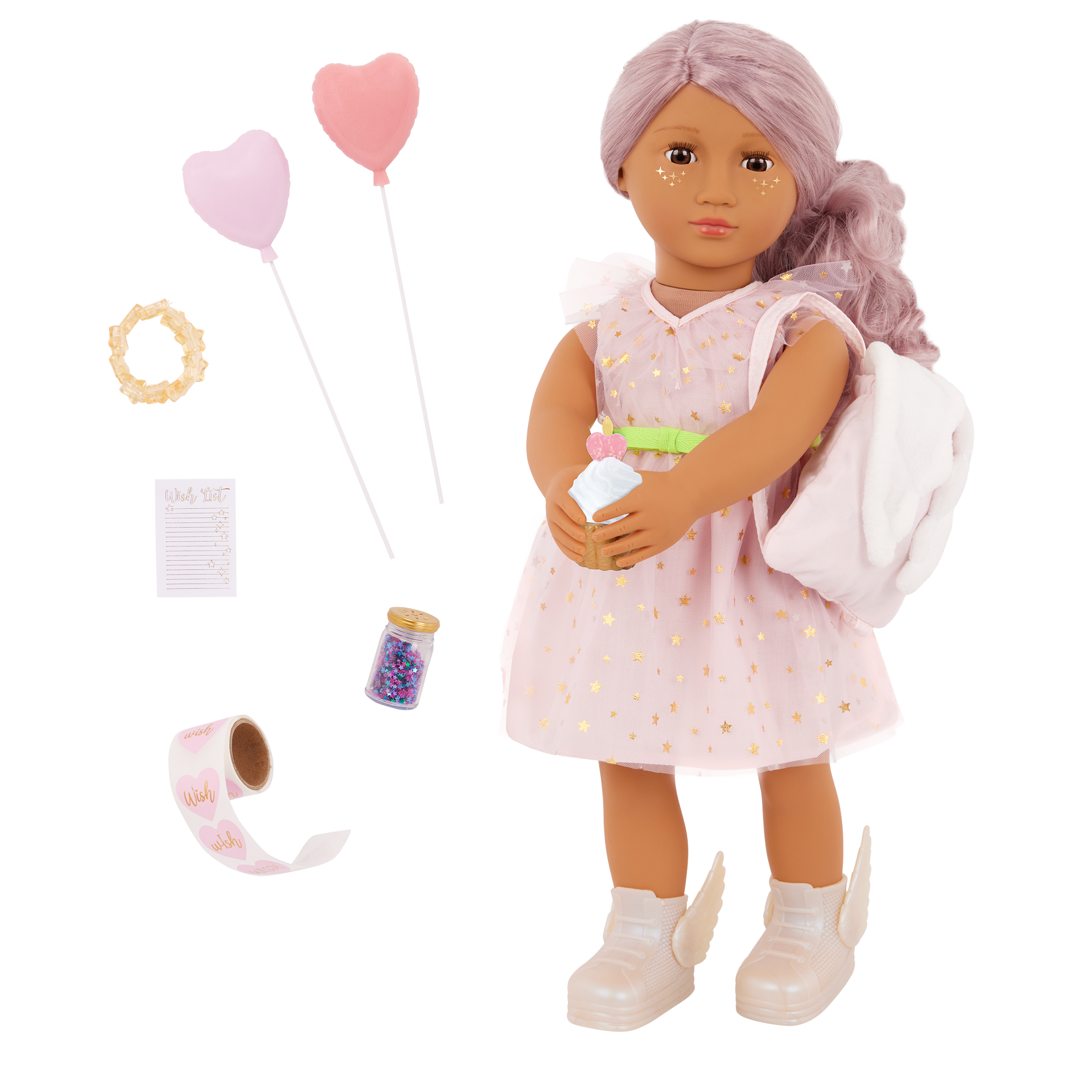 Our Generation 18-inch Doll Wishes with accessories including pretend balloons, stickers, a wish list, sparkles and a back pack