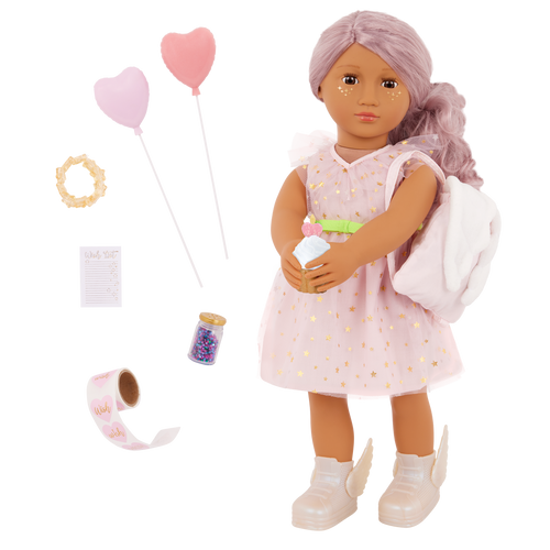Our Generation 18-inch Doll Wishes with accessories including pretend balloons, stickers, a wish list, sparkles and a back pack