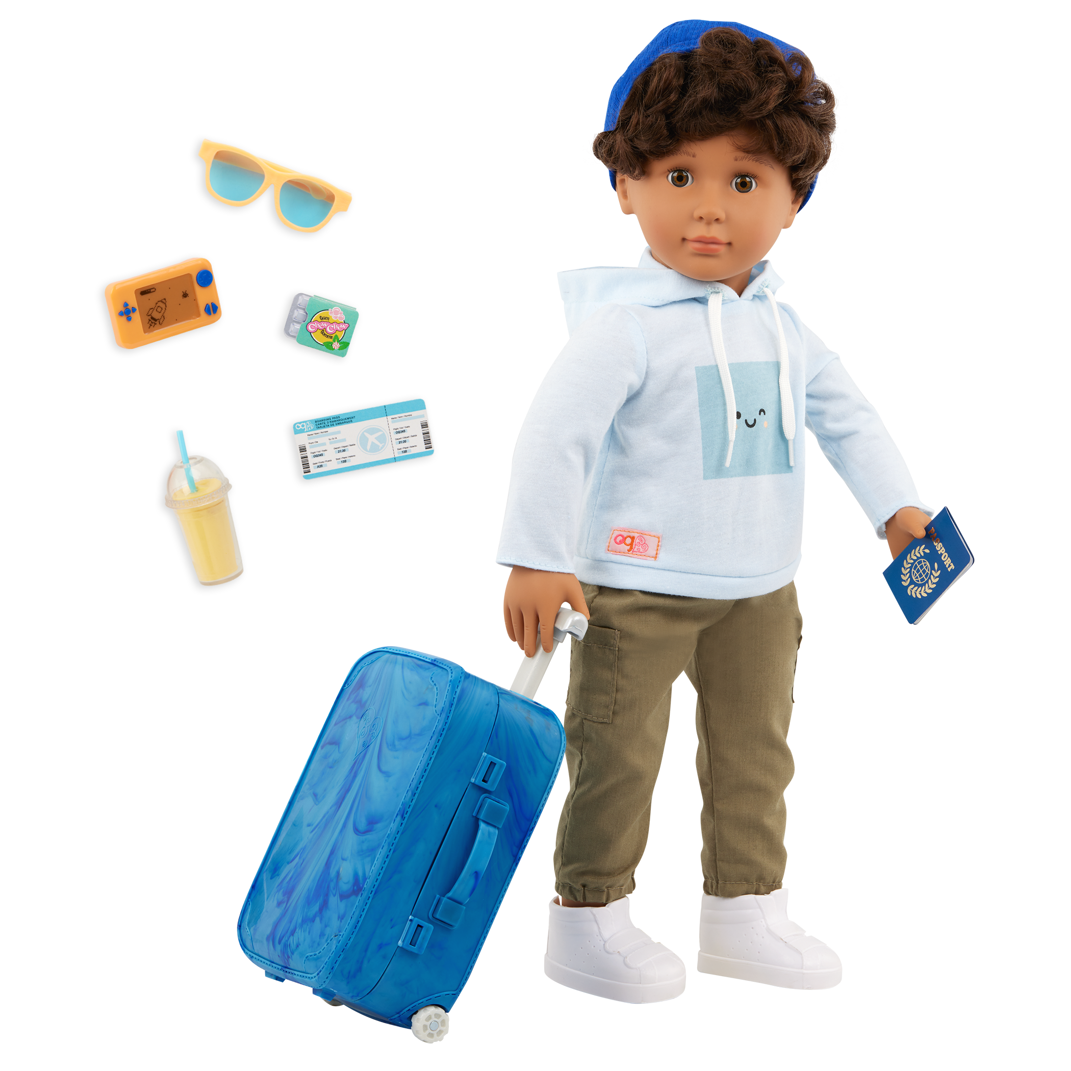 Our Generation 18-inch Doll Milo and travelling accessories