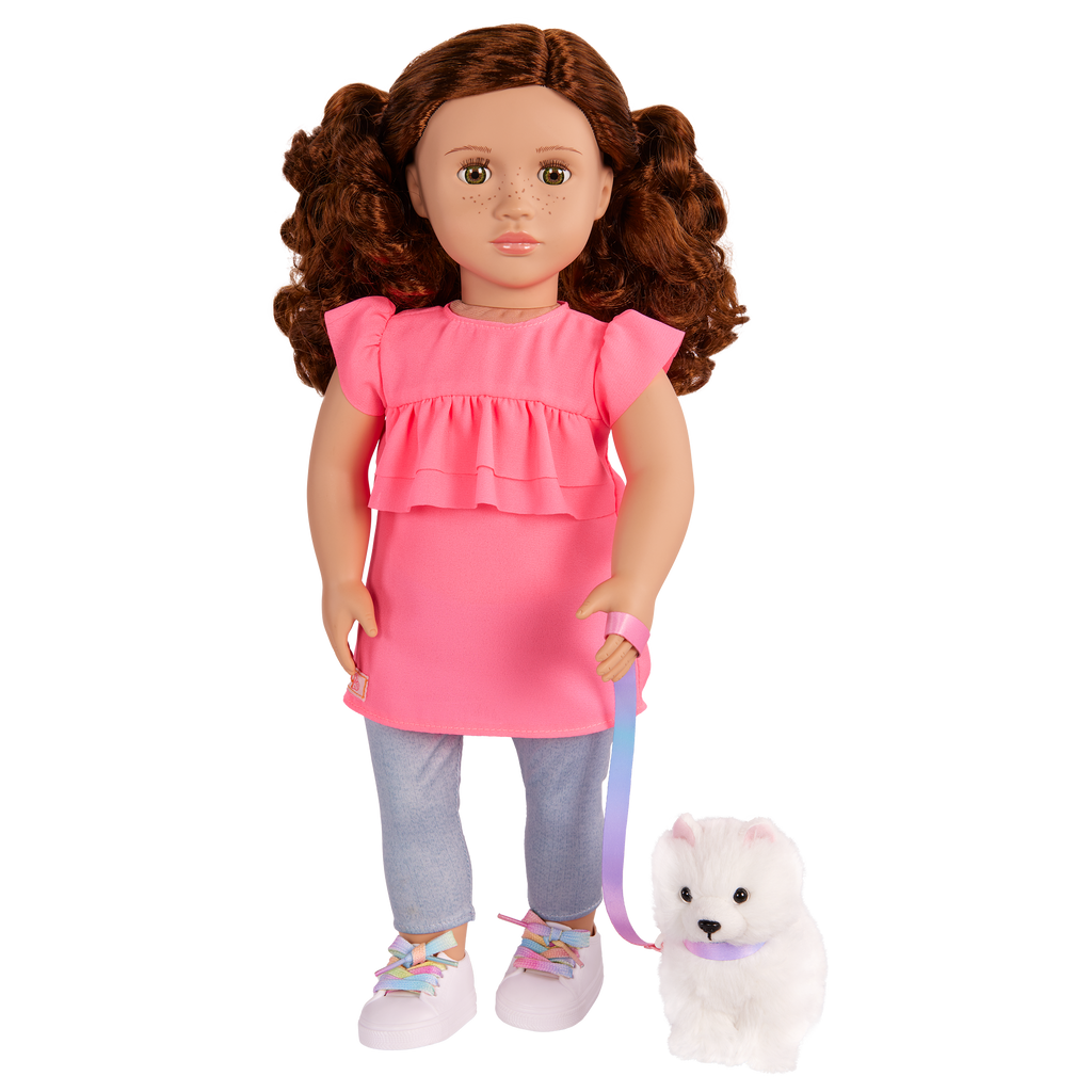 Our Generation 18-inch Doll Becca and her pet dog Pearl with pet accessories