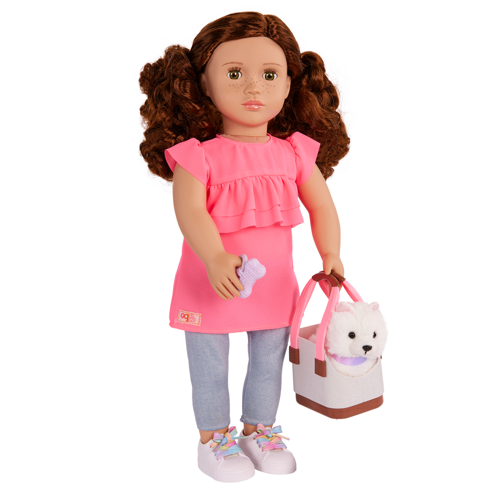 Our Generation 18-inch Doll Becca and her pet dog Pearl with pet accessories