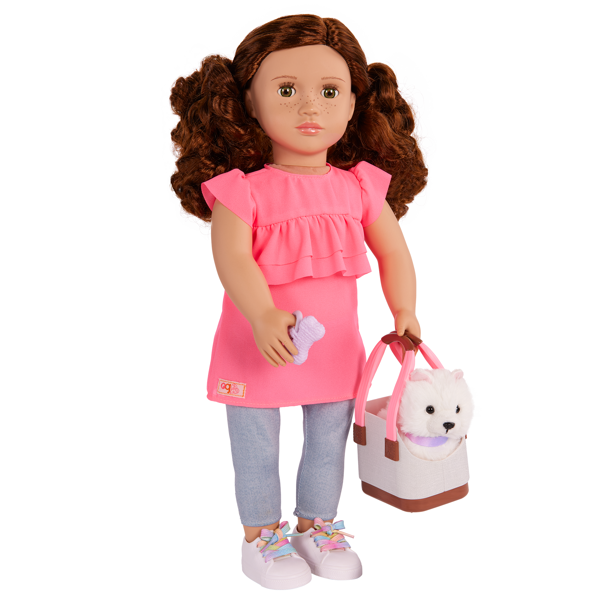 Our Generation 18-inch Doll Becca and her pet dog Pearl with pet accessories