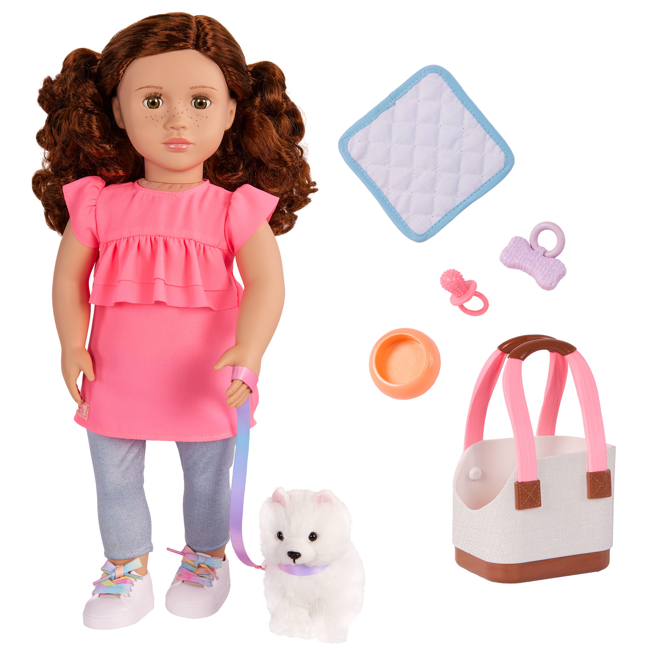 Our Generation 18-inch Doll Becca and her pet dog Pearl with pet accessories