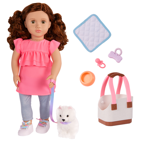 Our Generation 18-inch Doll Becca and her pet dog Pearl with pet accessories