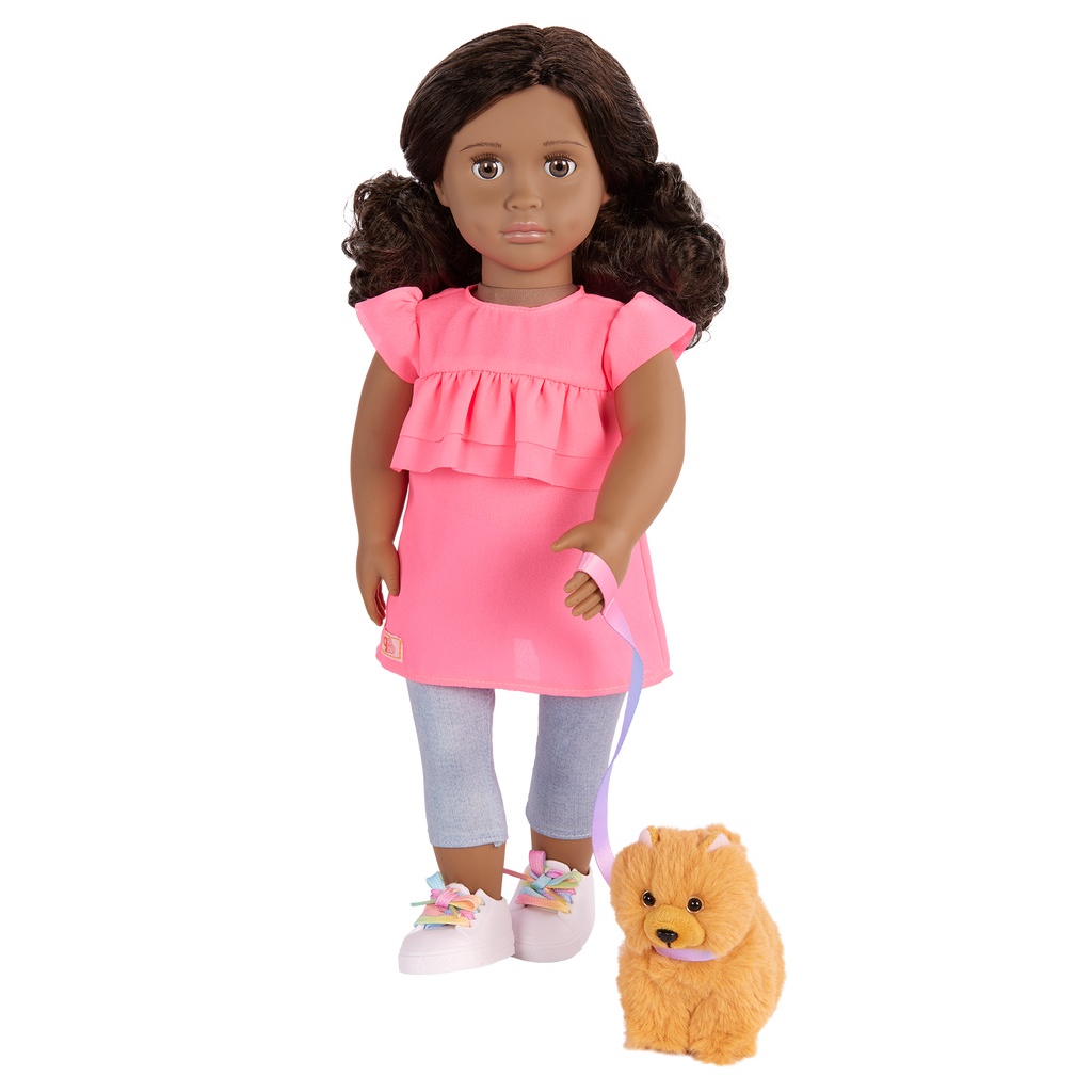 Our Generation 18-inch Doll Ayanna and her pet dog Goldie and dog accessories