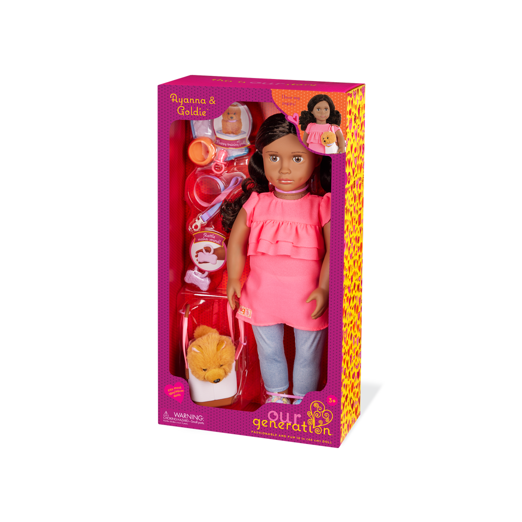 Our Generation 18-inch Doll Ayanna and her pet dog Goldie and dog accessories