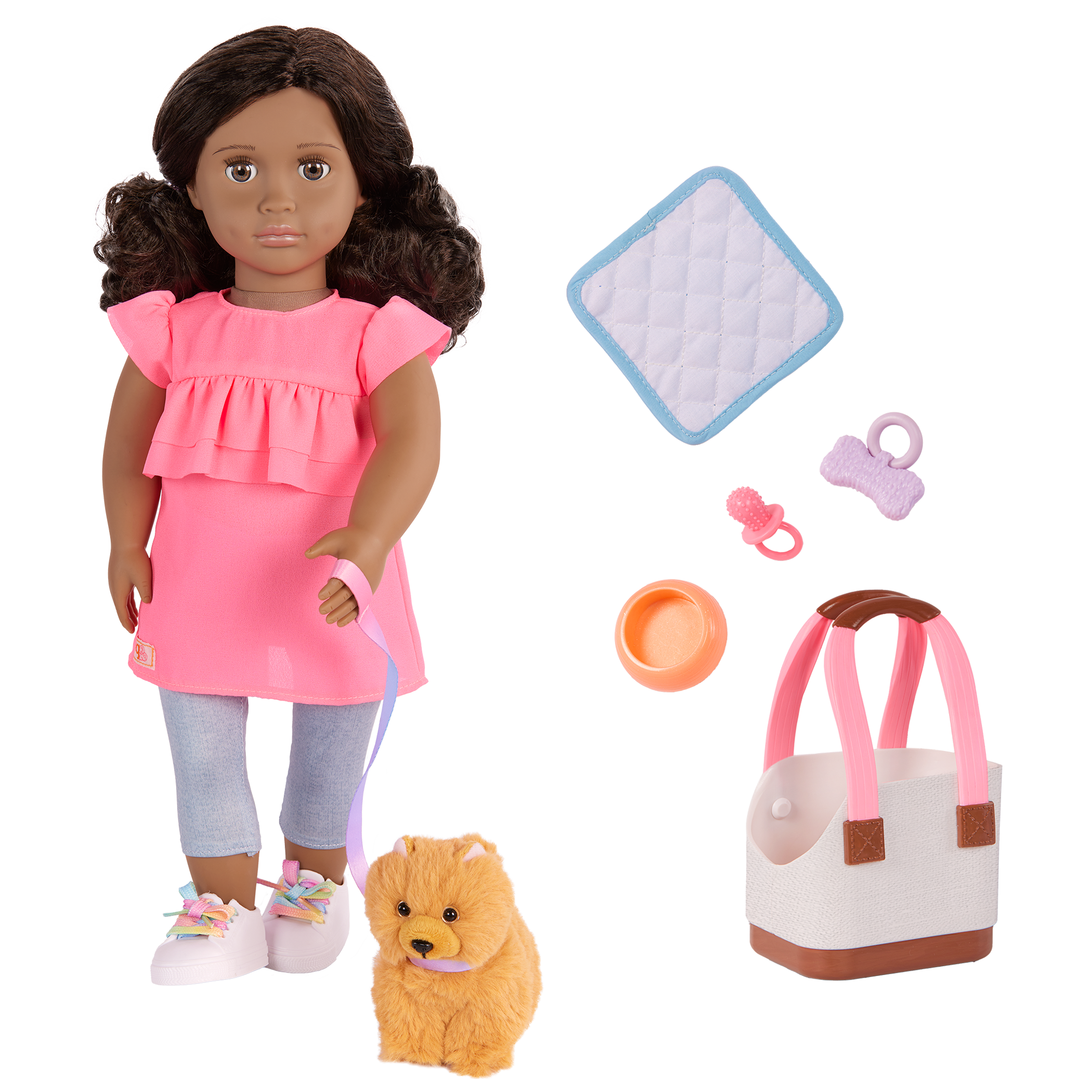Our Generation 18-inch Doll Ayanna and her pet dog Goldie and dog accessories